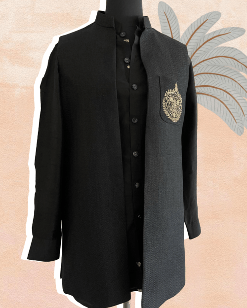 Pocket Embroidered Bundi Jacket Set