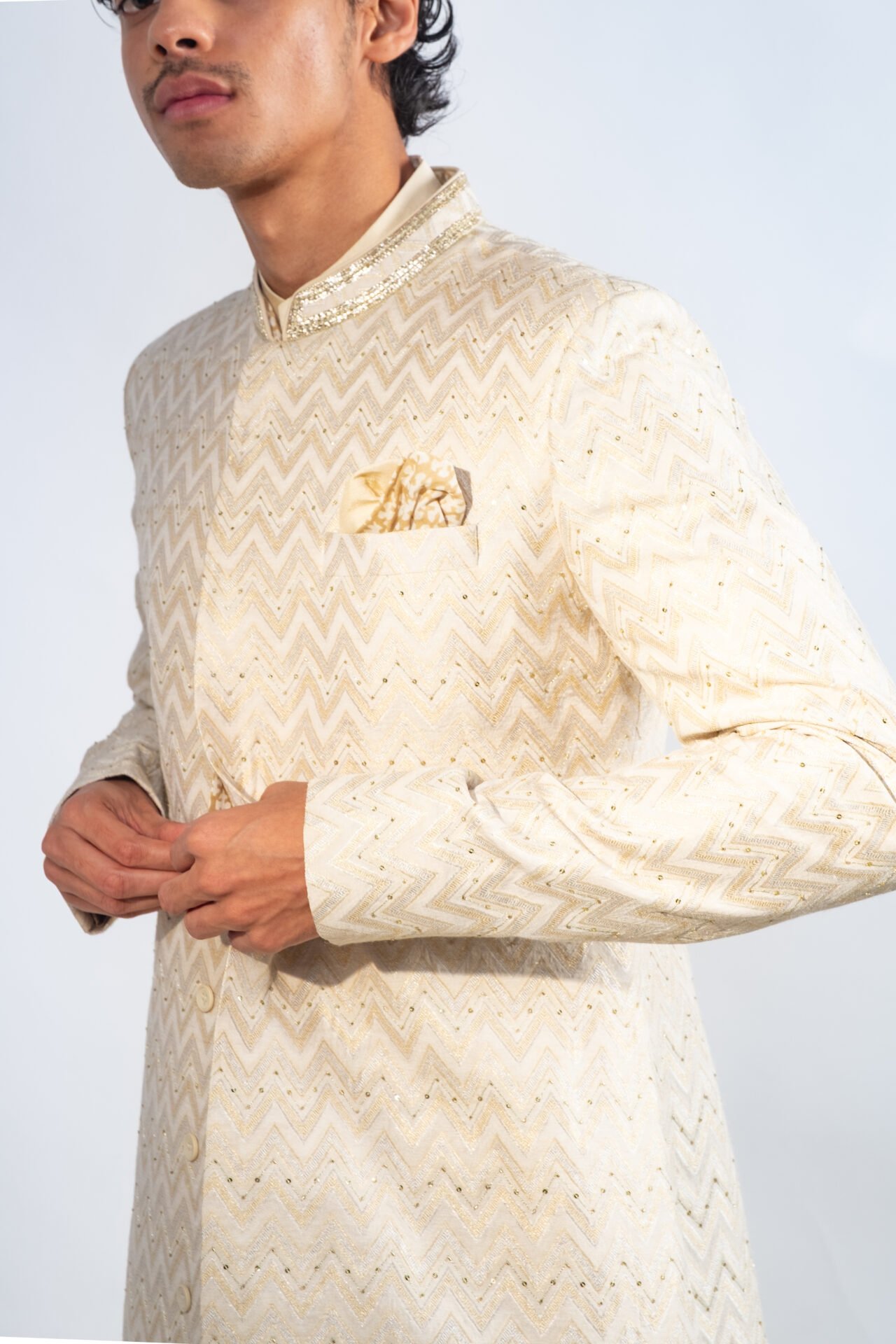 Stone Beige Chevron Sherwani - Image 3