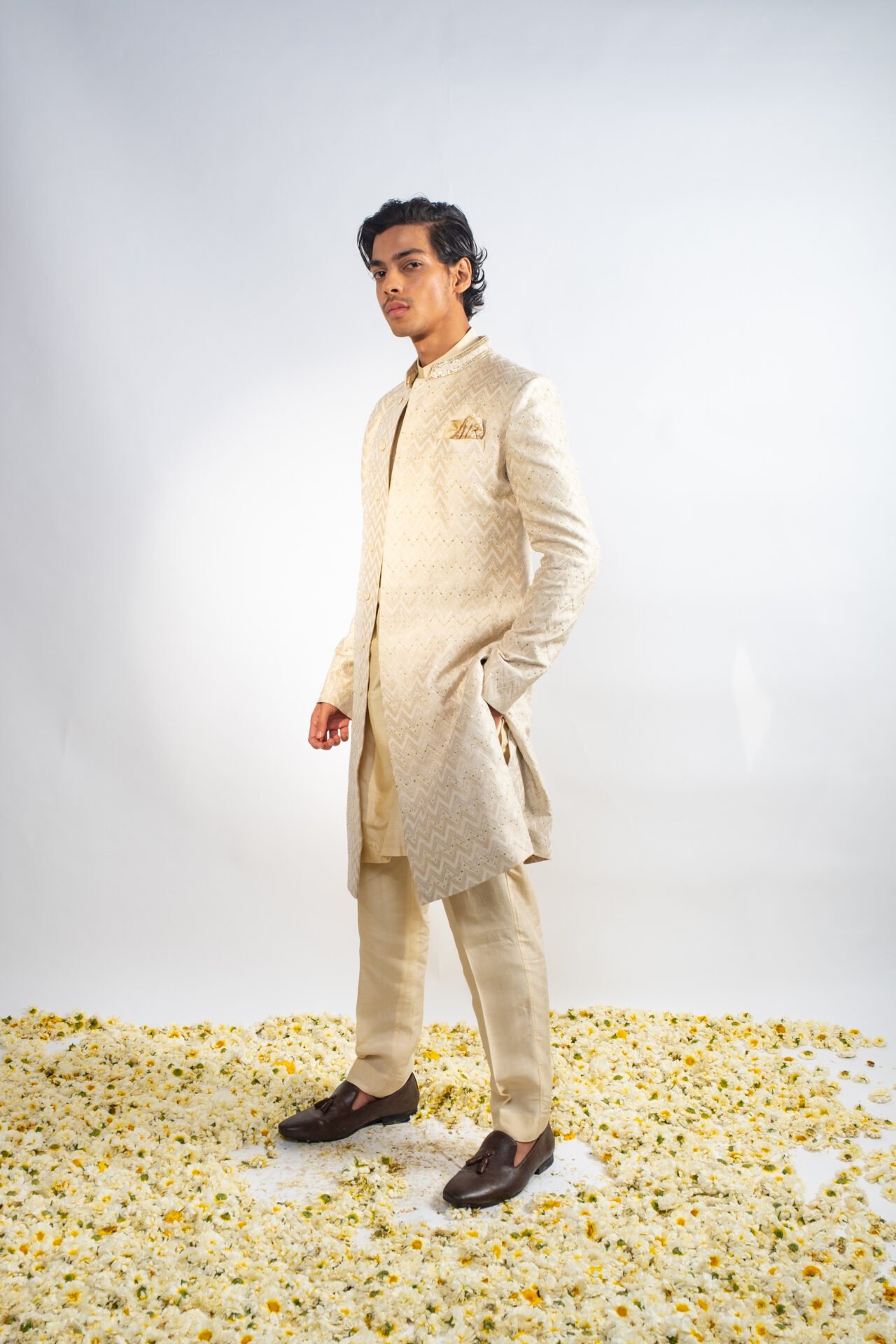 Stone Beige Chevron Sherwani - Image 4