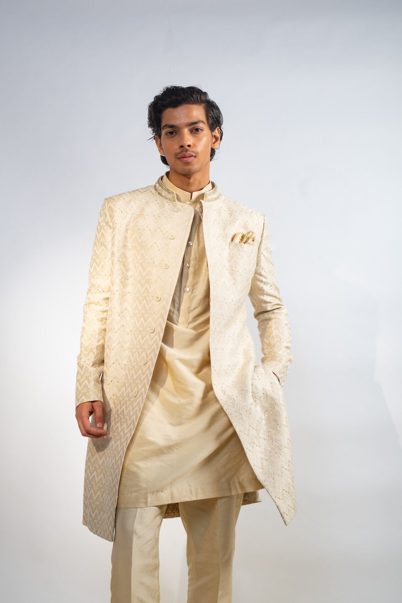 Stone Beige Chevron Sherwani - Image 5