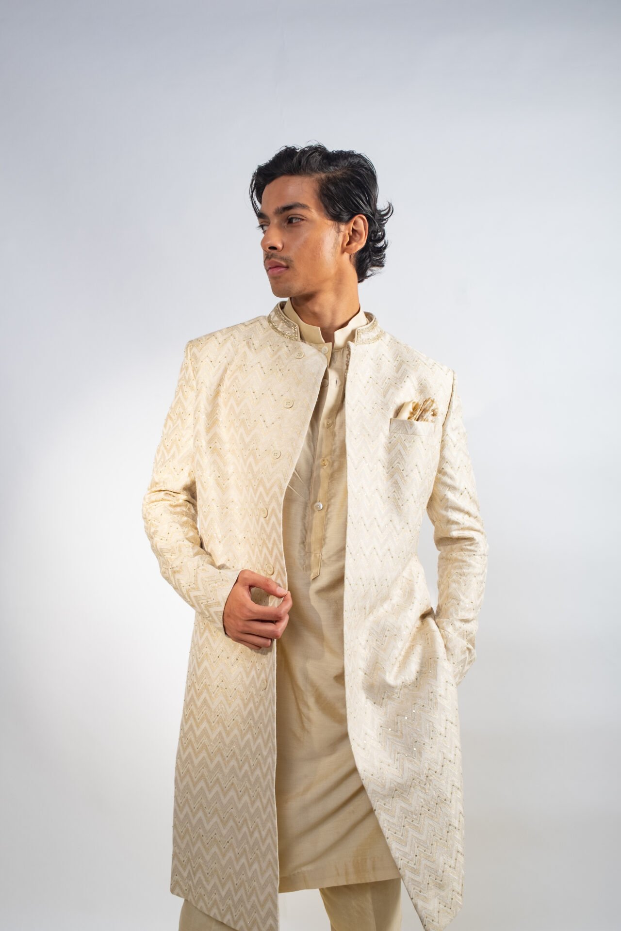 Stone Beige Chevron Sherwani - Image 6