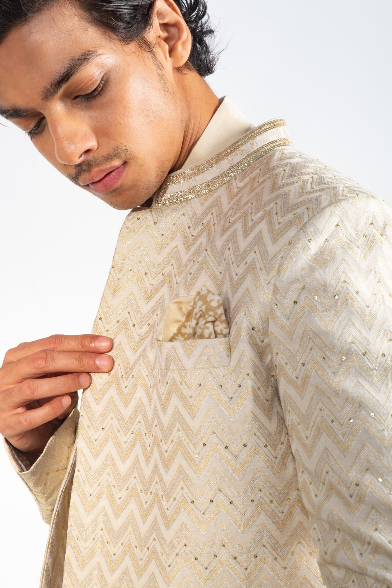 Stone Beige Chevron Sherwani - Image 7