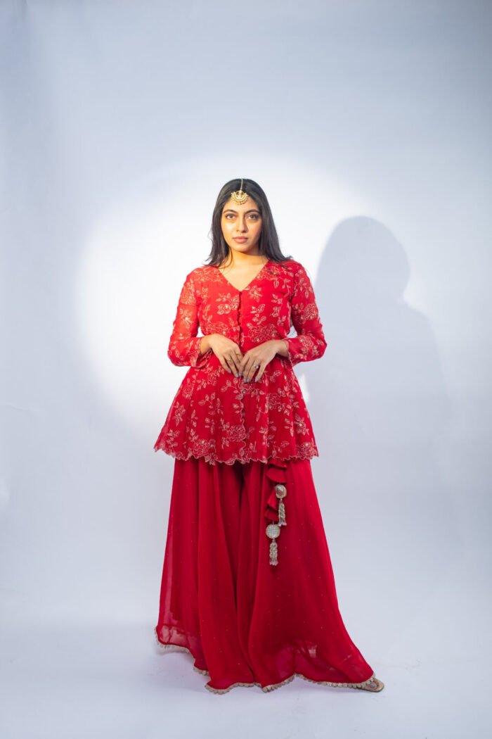 Red Peplum Sharara Set