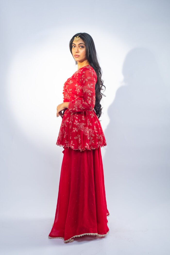 Red Peplum Sharara Set - Image 3
