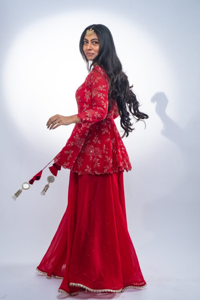 Red Peplum Sharara Set - Image 4