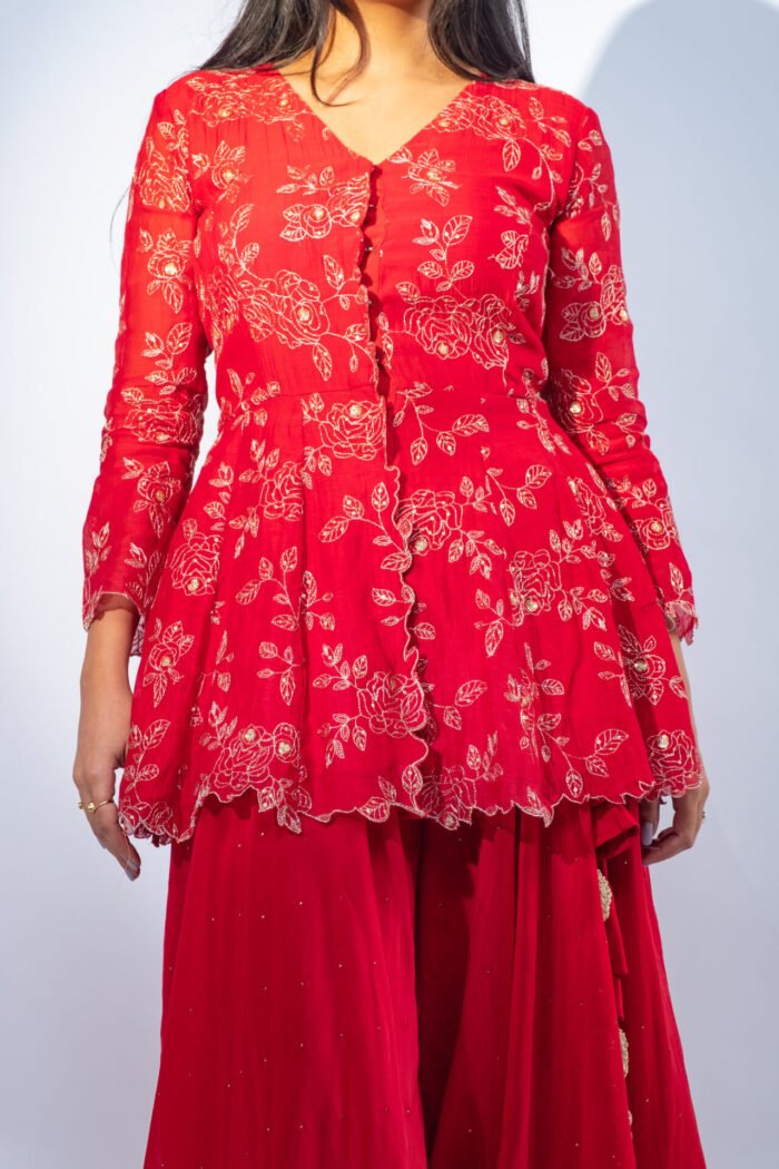 Red Peplum Sharara Set - Image 7