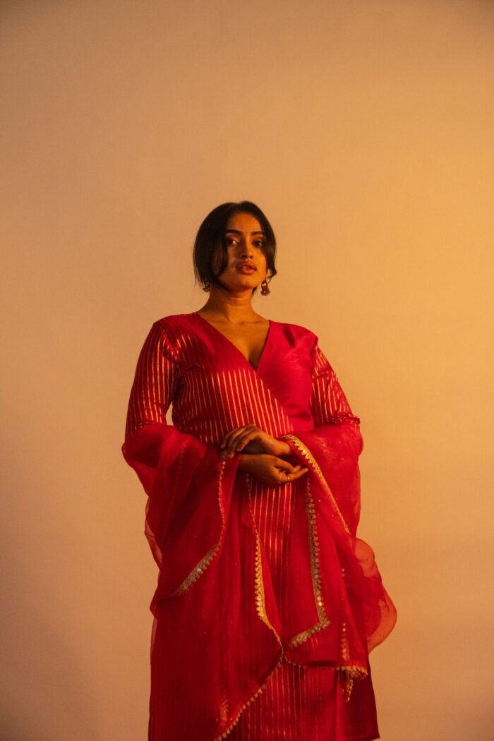 Red Overlap Kurta Set - Image 4