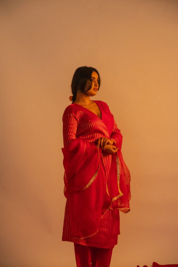 Red Overlap Kurta Set - Image 5